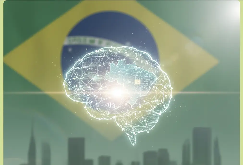 Visão futurista do Brasil empoderado pela tecnologia de IA mostrando inovação digital e avanço tecnológico em diversos setores